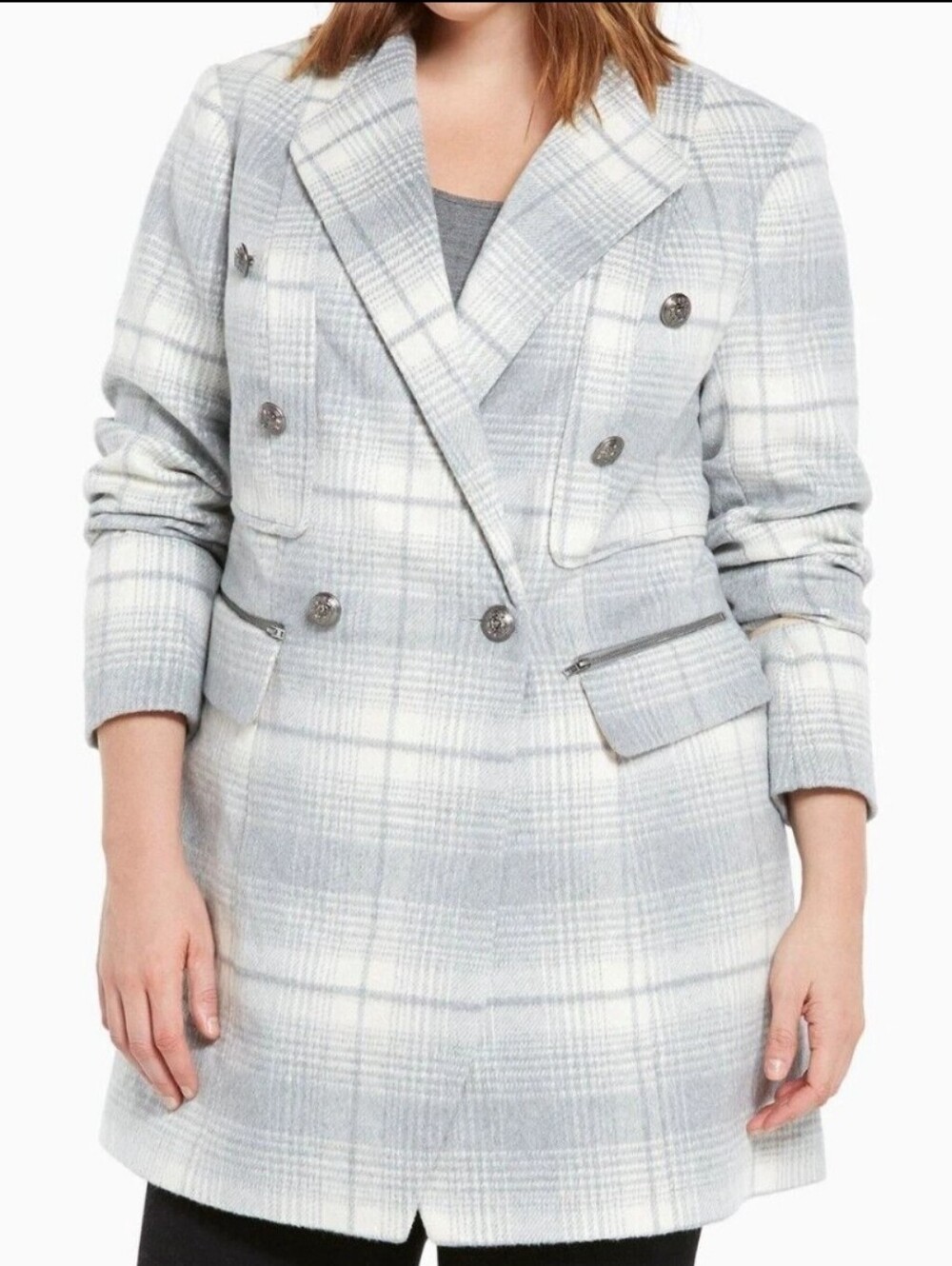 Torrid Light Gray & White Plaid Double-Breasted Wool Blend Midi Blazer Size 1X.